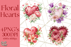 Valentine Hearts and Flowers Clipart, Watercolor Heart Png Product Image 1