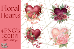 Valentine Hearts and Flowers Clipart, Watercolor Heart Png Product Image 1