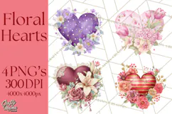 Valentine Hearts and Flowers Clipart, Watercolor Heart Png Product Image 1