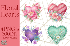 Valentine Hearts and Flowers Clipart, Watercolor Heart Png Product Image 1