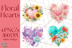 Valentine Hearts and Flowers Clipart, Watercolor Heart Png Product Image 1