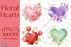 Valentine Hearts and Flowers Clipart, Watercolor Heart Png Product Image 1