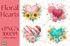 Valentine Hearts and Flowers Clipart, Watercolor Heart Png Product Image 1