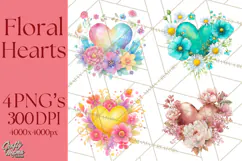 Valentine Hearts and Flowers Clipart, Watercolor Heart Png Product Image 1