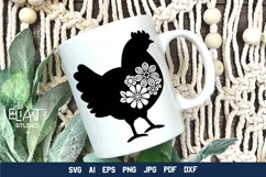 Chicken SVG Silhouette Design with Flowers for T-shirts, Bags, Pillows, Decals, Porch Signs. Beautiful Floral Design with Chicken for Cricut and Silhouette