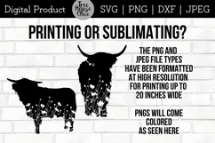 instructions for using these highland cow silhouette digital files in png or jpeg format for printing or sublimation projects