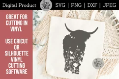 Floral highland cow silhouette shown on a canvas bag.  Great for cutting in vinyl using cricut or silhouette vinyl cutting software