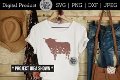 Floral highland cow silhouette shown on a white shirt with cowboy western gear.  Great for cutting in vinyl using silhouette or cricut.  SVG, JPEG, PNG, and DXF file types available