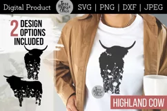 Floral Highland Cow features wildflowers inside two different hairy cow silhouettes. Shown on a women's white t shirt.    SVG, JPEG, PNG, and DXF file types available