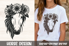 Floral horse head with sunflower crown in boho black line art SVG for t shirts and farmhouse decor.
