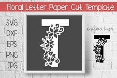 Floral Letter T in a white frame with a grey background
