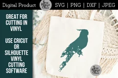 Floral Parakeet Design Files features wildflowers inside a parakeet bird silhouette.  Example of a finished cricut or silhouette vinyl product is shown; a flowered parakeet silhouette on a canvas tote bag with boho macrame background