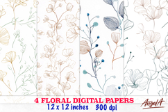 Pastel Floral line art, minimalistic flowers digital paper Product Image 1