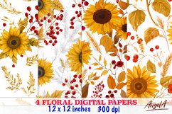 Autumn Floral digital paper, yellow flowers seamless pattern Product Image 1