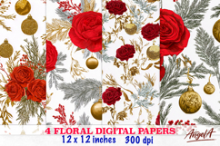 Christmas digital papers Floral digital paper Gold and red Product Image 1