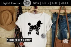 Floral poodle dog silhouette with flowers shown on a womens white shirt with country or western clothing around it.  design features a standard poodle with flowers inside the silhouette