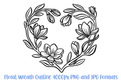 Floral Poppy Style Flower Graphic Outline Floral Wreath Clipart PNG JPG