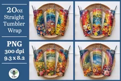 4 floral rainbow sublimation PNGs in a mosaic style being shown on 20oz tumblers
