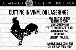 Floral Rooster Design features wildflowers inside a rooster silhouette.  Directions given for cutting SVG and DXF in vinyl or lasering