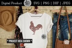 Floral Rooster Design Files features wildflowers inside a rooster silhouette.  Example of a finished cricut or silhouette vinyl product is shown; a flowered rooster silhouette on a t shirt