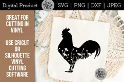 Floral Rooster Design features wildflowers inside a rooster silhouette.  Example of a finished cricut or silhouette vinyl product is shown; a flowered chicken on a canvas tote bag with boho macrame background
