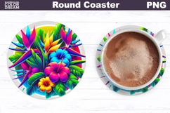 Tropical Flower Round Coaster | Neon Flowers Coaster Product Image 1