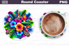 Tropical Flower Round Coaster | Neon Flowers Coaster Product Image 1