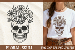Floral skull SVG—hand-drawn skull with wildflowers blooming from inside, boho vector for Cricut, shirts, and decor.
