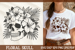 Floral skull SVG—skull with tropical hibiscus flowers and leaves, bold boho vector art for Cricut and decor.
