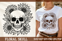 Floral skull SVG—hand-drawn skull with large daisy flowers and leaves, vector for Cricut and boho wall art.