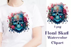 Pink and blue Floral Skulls Watercolor Clipart Product Image 1