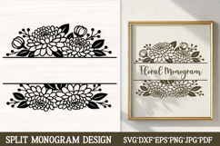 Floral split monogram SVG with detailed flowers and leaves forming a frame around a blank bar for custom text, shown as framed wall art for Cricut, Silhouette, and laser engraving name sign projects.