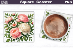 Peony Square Coaster | Flowers Square Coaster Product Image 1