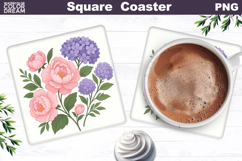 Pink Peony Square Coaster | Hydrangeas Floral Sublimation Product Image 1