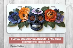 3D Sugar Skull Floral License Plate, Day of the Dead PNG Product Image 1
