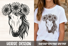 Boho horse head with sunflower crown and flowing mane in black line art SVG for western t shirts and farmhouse decor.