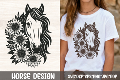 Girl wearing a white t shirt with a boho floral horse head and sunflower SVG design in western farmhouse style.