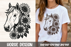 Floral horse head with three sunflowers in bold black line art SVG for western t shirts and farmhouse decor.