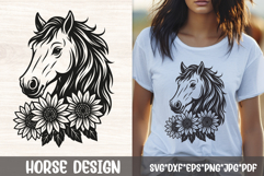 Western horse head with flowing mane and three sunflowers in black line art SVG for rustic t shirts and farmhouse decor.