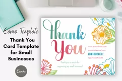 Colorful floral business thank you card on desktop.