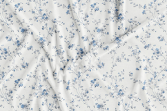 Set of elegant blue Floral Toile de Jouy seamless patterns with delicate hand-drawn flowers and vintage botanical branches, shown on fabric, packaging, wallpaper, and fashion mockups; includes JPG, PNG, AI, EPS, SVG, PAT files.