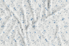 Set of elegant blue Floral Toile de Jouy seamless patterns with delicate hand-drawn flowers and vintage botanical branches, shown on fabric, packaging, wallpaper, and fashion mockups; includes JPG, PNG, AI, EPS, SVG, PAT files.