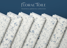 Set of elegant blue Floral Toile de Jouy seamless patterns with delicate hand-drawn flowers and vintage botanical branches, shown on fabric, packaging, wallpaper, and fashion mockups; includes JPG, PNG, AI, EPS, SVG, PAT files.