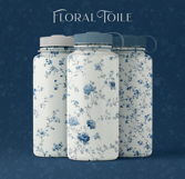 Set of elegant blue Floral Toile de Jouy seamless patterns with delicate hand-drawn flowers and vintage botanical branches, shown on fabric, packaging, wallpaper, and fashion mockups; includes JPG, PNG, AI, EPS, SVG, PAT files.