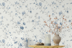 Set of elegant blue Floral Toile de Jouy seamless patterns with delicate hand-drawn flowers and vintage botanical branches, shown on fabric, packaging, wallpaper, and fashion mockups; includes JPG, PNG, AI, EPS, SVG, PAT files.