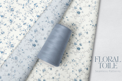 Set of elegant blue Floral Toile de Jouy seamless patterns with delicate hand-drawn flowers and vintage botanical branches, shown on fabric, packaging, wallpaper, and fashion mockups; includes JPG, PNG, AI, EPS, SVG, PAT files.