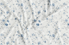 Set of elegant blue Floral Toile de Jouy seamless patterns with delicate hand-drawn flowers and vintage botanical branches, shown on fabric, packaging, wallpaper, and fashion mockups; includes JPG, PNG, AI, EPS, SVG, PAT files.