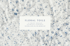 Set of elegant blue Floral Toile de Jouy seamless patterns with delicate hand-drawn flowers and vintage botanical branches, shown on fabric, packaging, wallpaper, and fashion mockups; includes JPG, PNG, AI, EPS, SVG, PAT files.