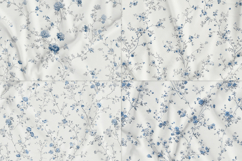 Set of elegant blue Floral Toile de Jouy seamless patterns with delicate hand-drawn flowers and vintage botanical branches, shown on fabric, packaging, wallpaper, and fashion mockups; includes JPG, PNG, AI, EPS, SVG, PAT files.