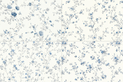 Set of elegant blue Floral Toile de Jouy seamless patterns with delicate hand-drawn flowers and vintage botanical branches, shown on fabric, packaging, wallpaper, and fashion mockups; includes JPG, PNG, AI, EPS, SVG, PAT files.